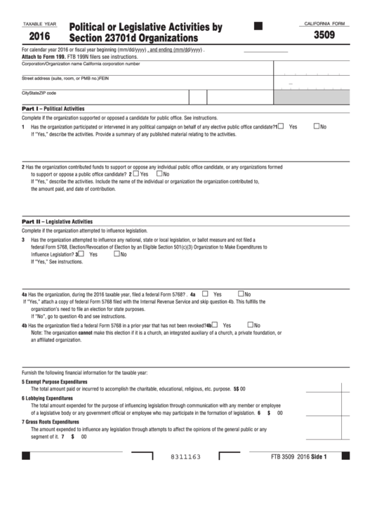 Fillable California Form 3509 - Political Or Legislative Activities By Section 23701d Organizations - 2016 Printable pdf
