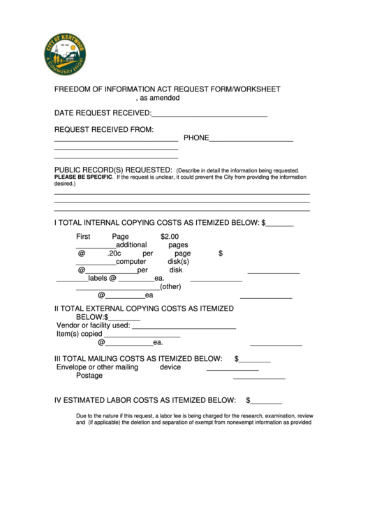 Freedom Of Information Act Request Form/worksheet Printable pdf