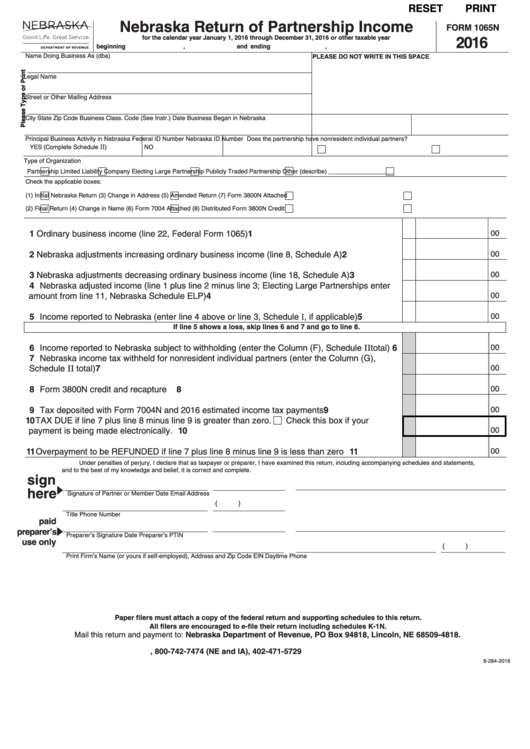 Fillable Form 1065n - Nebraska Return Of Partnership Income - 2016 Printable pdf