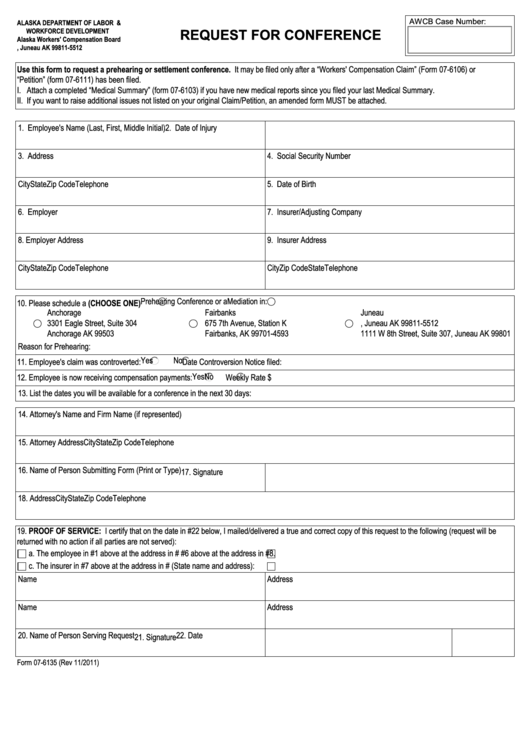 Fillable Form 07-6135 - Request For Conference Printable pdf