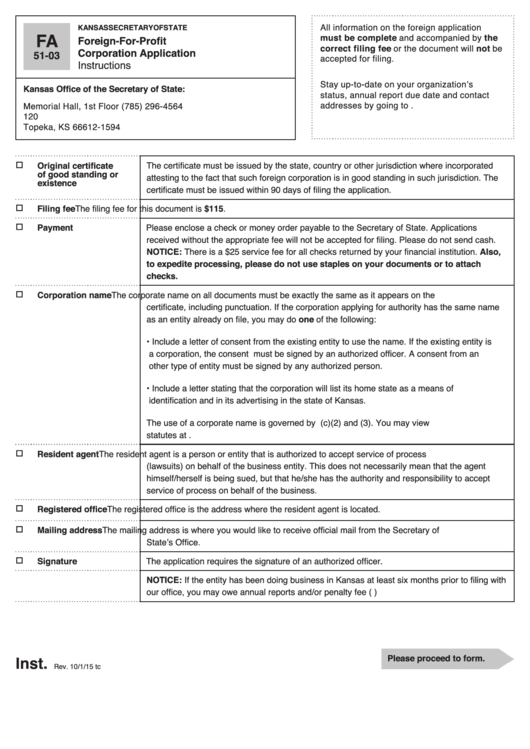 Fillable Form Fa 51-03 - Foreign-For-Profit Corporation Application - Kansas Secretary Of State - 2015 Printable pdf