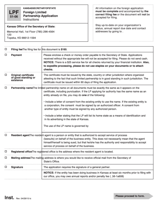 Fillable Form Lpf 51-06 - Foreign Limited Partnership Application Printable pdf