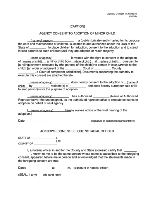 Form K.s.a. 59-2129 - Agency Consent To Adoption Of Minor Child Printable pdf