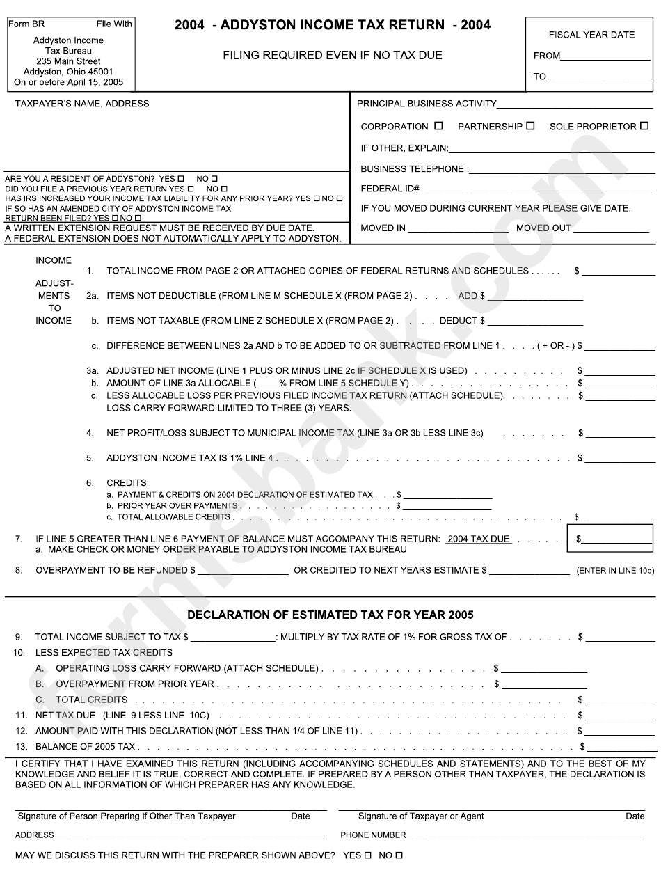 Form Br - Addyston Business Tax Return - 2004