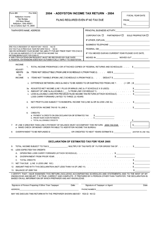 Form Br - Addyston Business Tax Return - 2004 Printable pdf