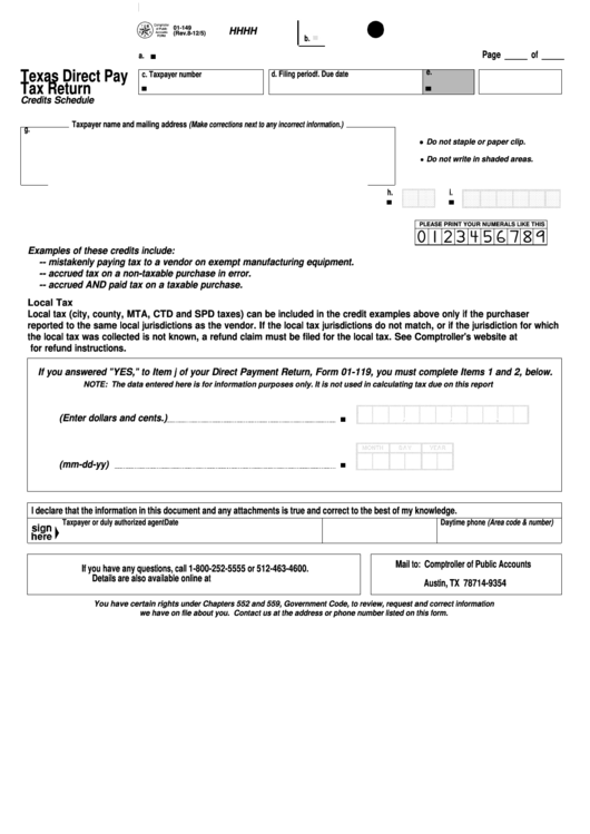 Fillable Form 01-149 - Direct Pay Tax Return (Credits Schedule) Printable pdf