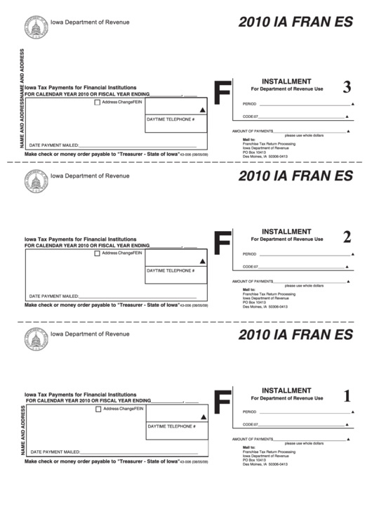 Form Ia Fran Es - Iowa Tax Payments For Financial Institutions - 2010 Printable pdf
