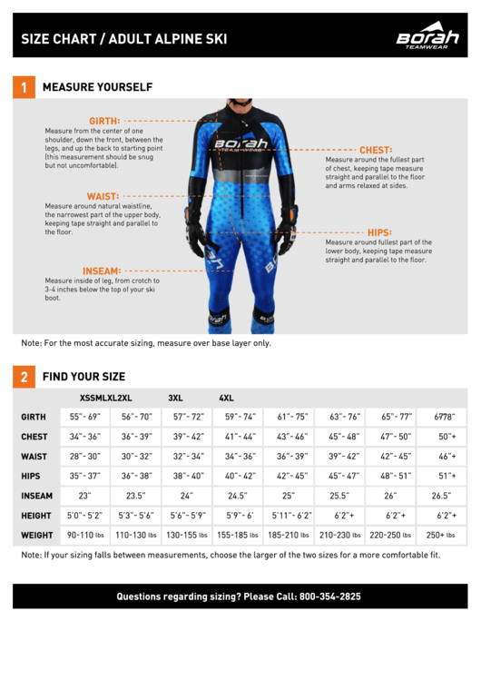 Borah Teamwear - Adult Alpine Ski Size Chart Printable pdf