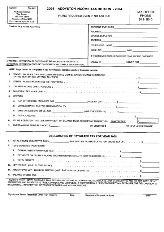 Form Ir - Addyson Income Tax Return - 2004 Printable pdf