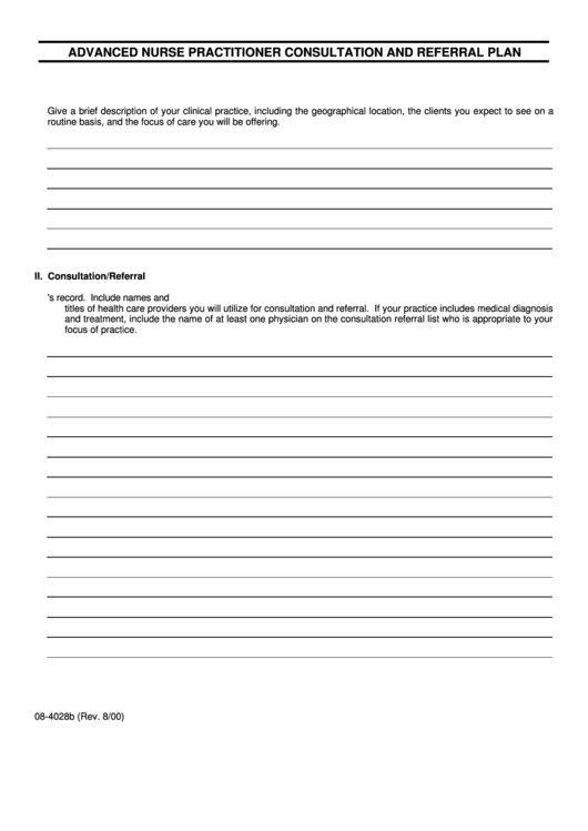 Fillable Form 08-4028b - Advanced Nurse Practitioner Consultation And Referral Plan Printable pdf