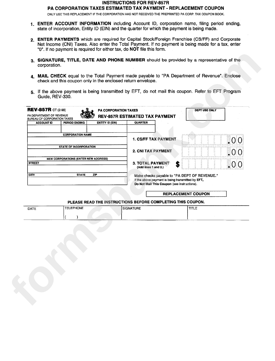 Form Rev-857r - Pa Corporation Taxes Estimated Tax Payment - Replacement Coupon