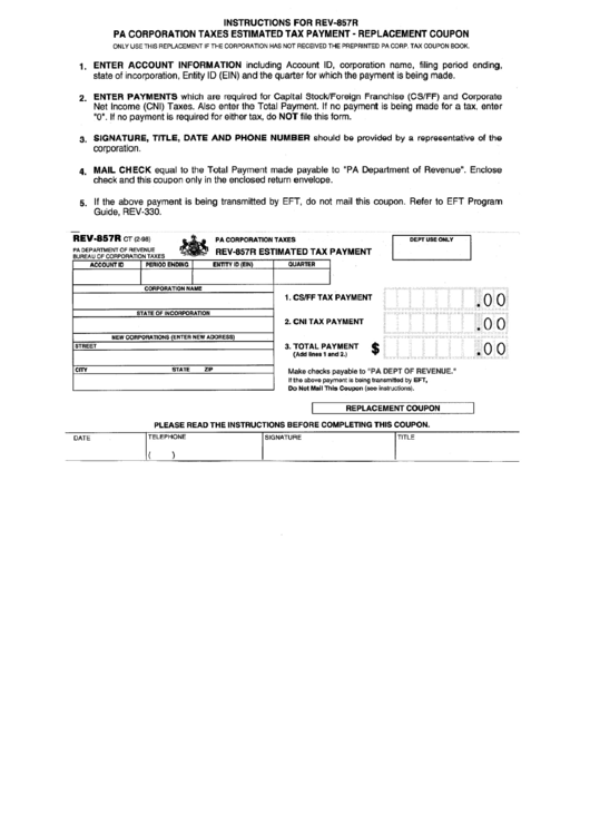 Form Rev-857r - Pa Corporation Taxes Estimated Tax Payment - Replacement Coupon Printable pdf