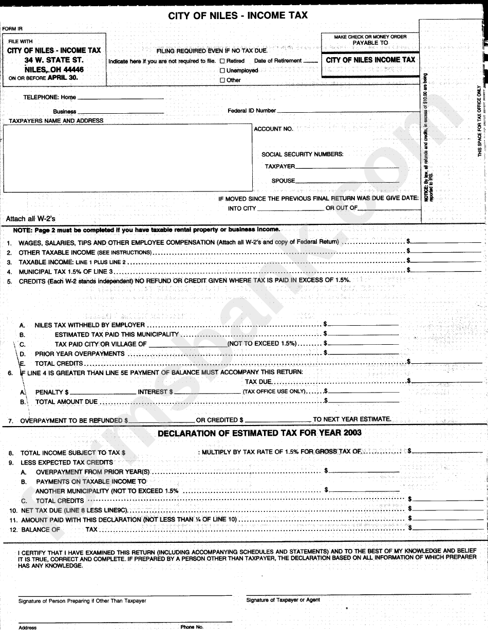 Form Ir Tax City Of Niles printable pdf download