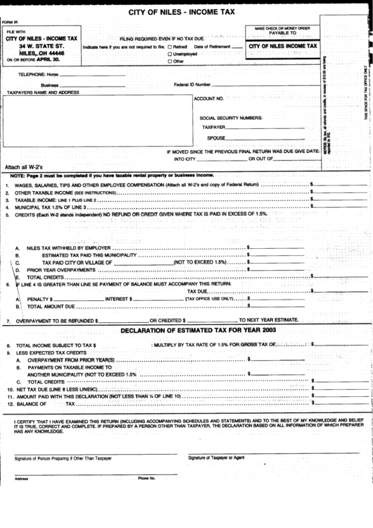 Form Ir - Income Tax - City Of Niles Printable pdf