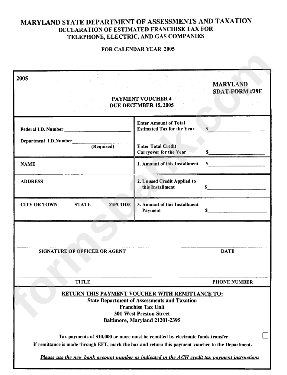 Form 29e - Declaration Of Estimated Franchise Tax For Telephone, Electric, And Gas Companies - 2005