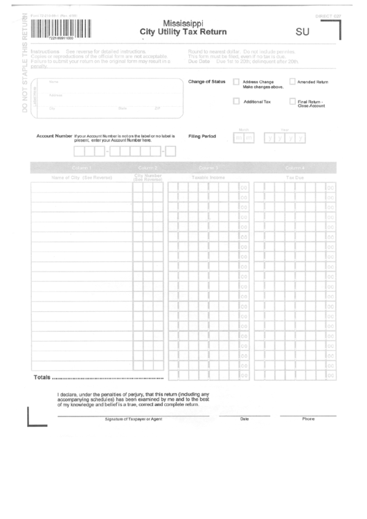 Form 72-210-99-1 - Mississippi City Utility Tax Return Printable pdf