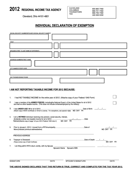 Individual Declaration Of Exemption - Cleveland, Ohio - 2012 Printable pdf