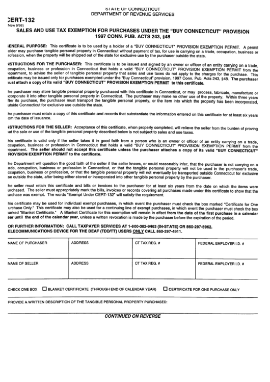 Instructions For Form Cert-132 - Sales And Use Tax Exemption For Purchases Onder The "Buy Connecticut" Provision - 1997 Printable pdf