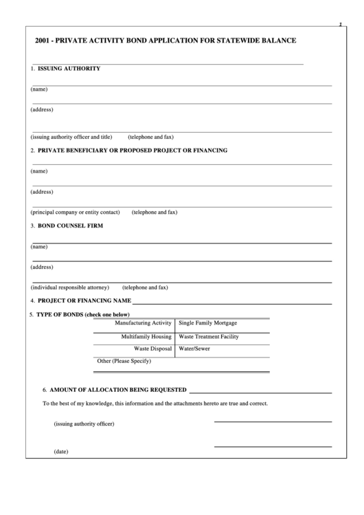 Private Activity Bond Application For Statewide Balance - 2011 Printable pdf