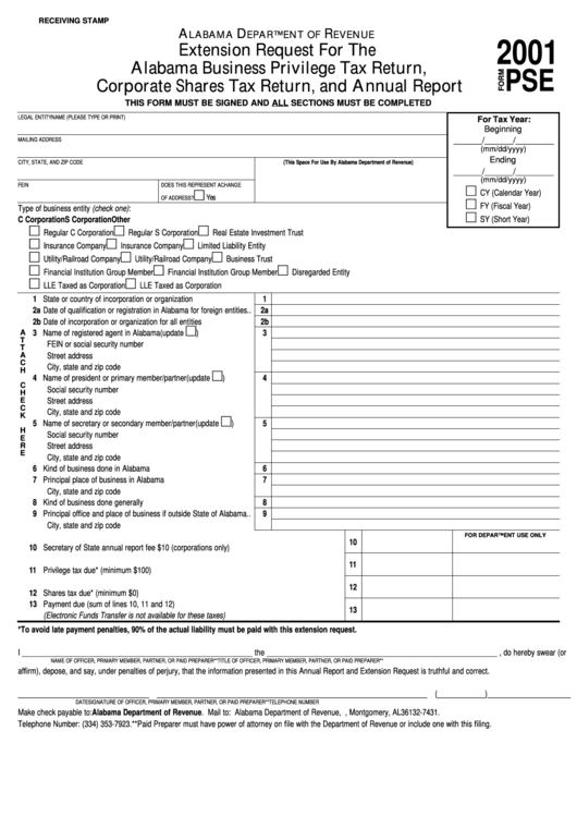 Form Pse Extension Request For The Alabama Business Privilege Tax