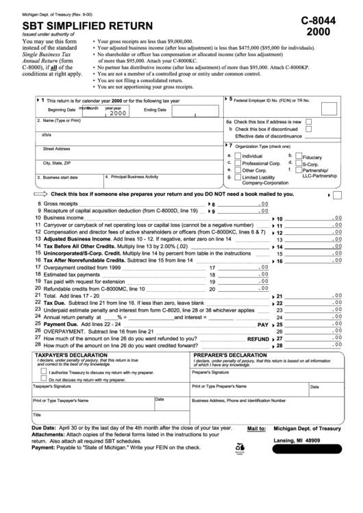 Form C-8044 - Simplified Return - 2000 printable pdf download