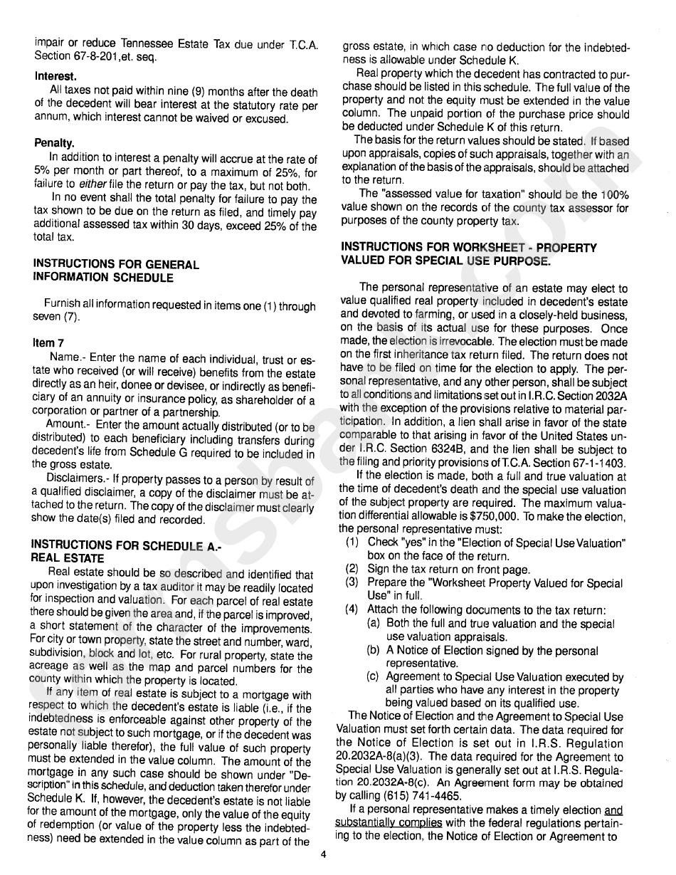 Instructions For Tennessee Inheritance Tax Return - 1990
