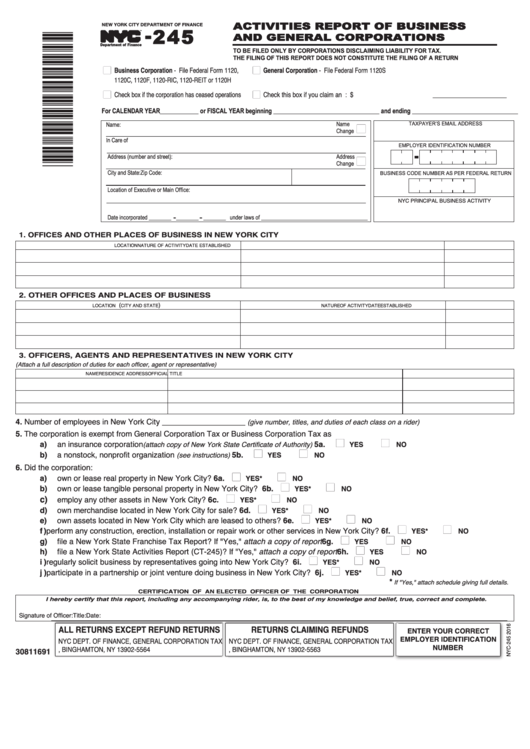 Form Nyc-245 - Activities Report Of Business And General Corporations - 2016 Printable pdf