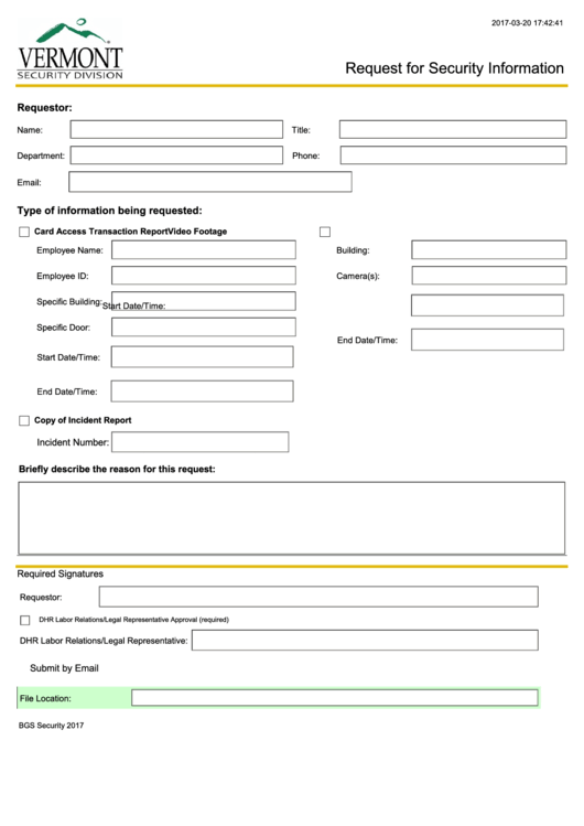 Fillable Form Bgs - Request For Security Information - 2017 Printable pdf