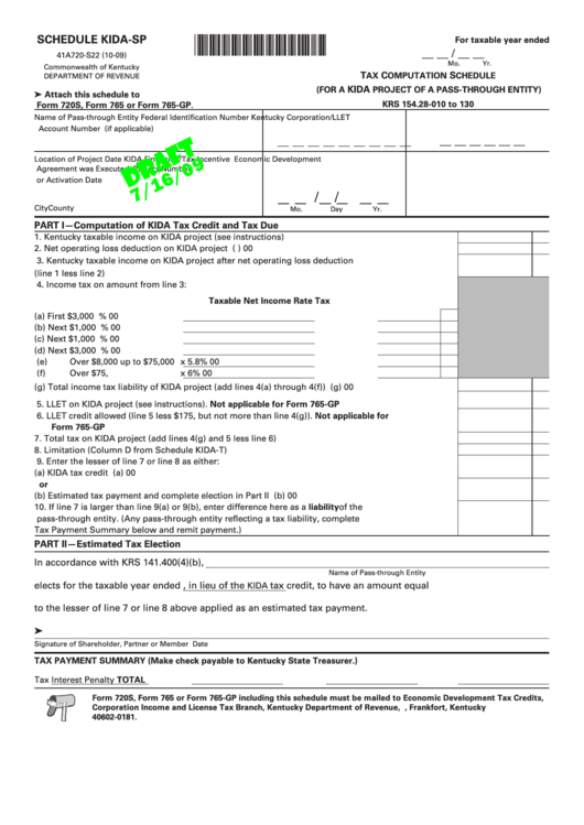 Form 41a720-S22 Draft - Schedule Kida-Sp - Tax Computation Schedule Printable pdf