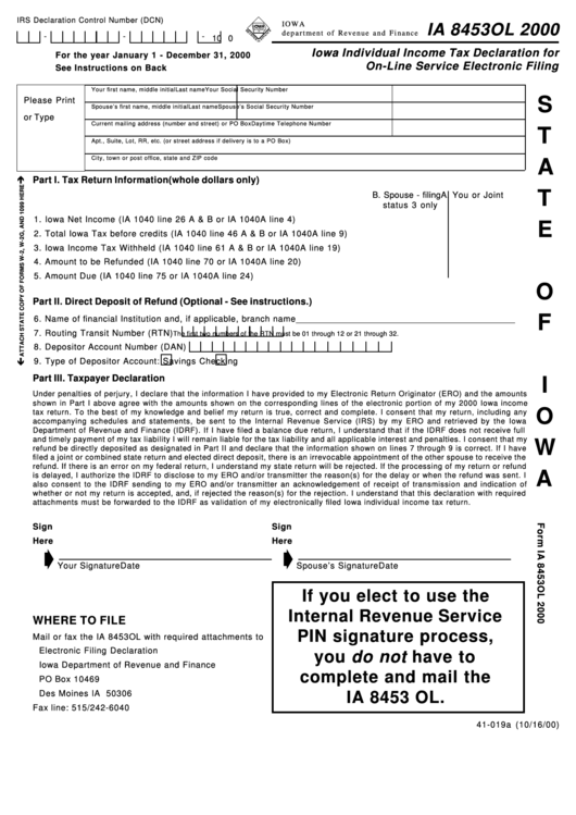 Form Ia 8453ol - Iowa Individual Income Tax Declaration For On-Line Service Electronic Filing - 2000 Printable pdf