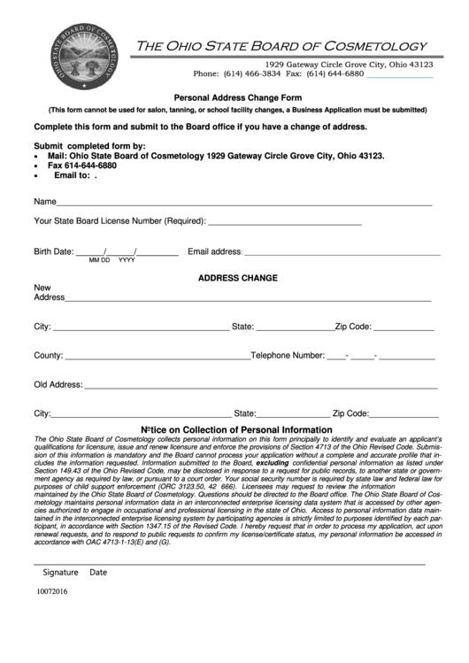 Fillable Personal Address Change - The Ohio State Board Of Cosmetology Form Printable pdf