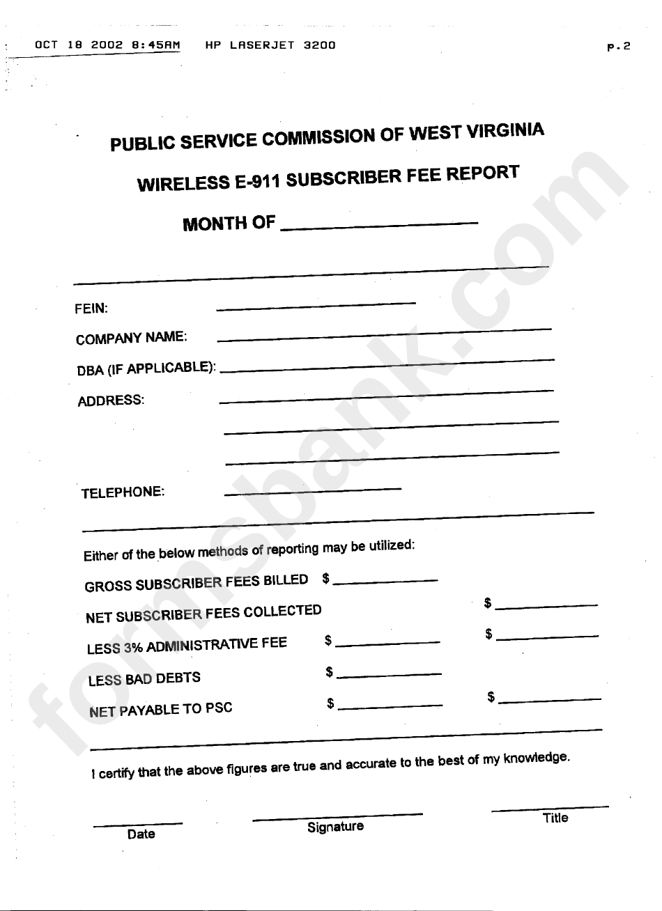 Wireless E-911 Subscriber Dee Report - Public Service Commission Of West Virginia - 2002