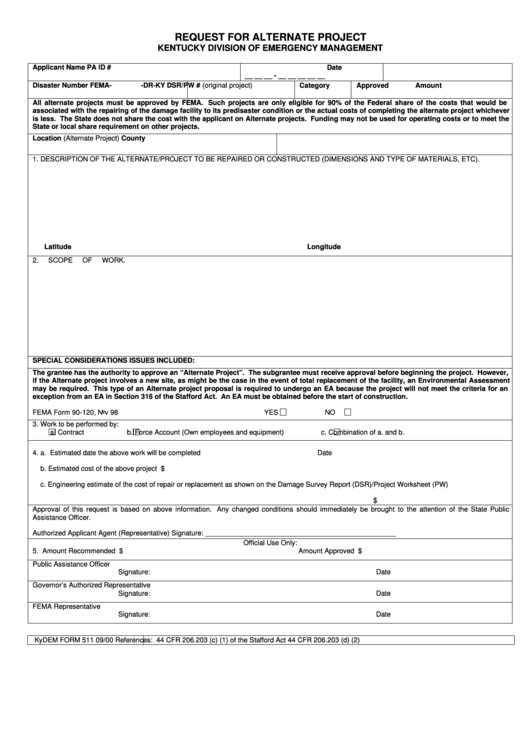 Fillable Form 511 - Request For Alternate Project - Kentucky Division Of Emergency Management - 2000 Printable pdf