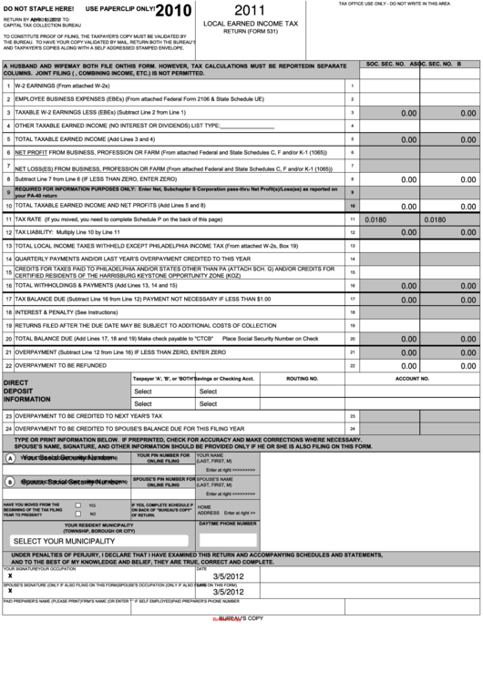 Form 531 - Local Earned Income Tax - 2011 Printable pdf