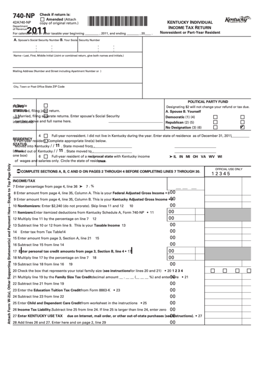 Fillable Form 740-Np - Kentucky Individual Income Tax Return Nonresident Or Part-Year Resident - 2011 Printable pdf