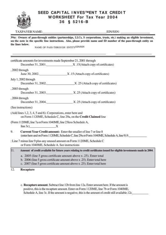 Seed Capital Investment Tax Credit Worksheet For Tax Year 2004 Printable pdf
