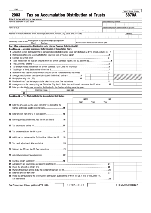 California Form 5870a - Tax On Accumulation Distribution Of Trusts - 2003 Printable pdf