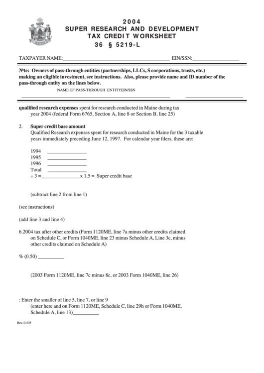 2004 Super Research And Development Tax Credit Worksheet Printable pdf