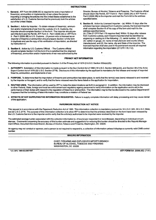 Instructions For Atf Form 6a(5330.3c) - District Of Columbia Bureau Of Alcohol, Tobacco And Firearms Printable pdf