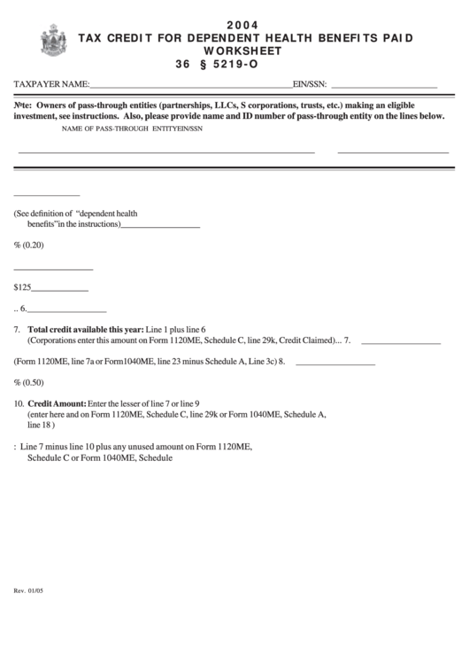 Tax Credit For Dependent Health Benefits Paid Worksheet 36 M.r.s.a. 5219-O - 2004 Printable pdf