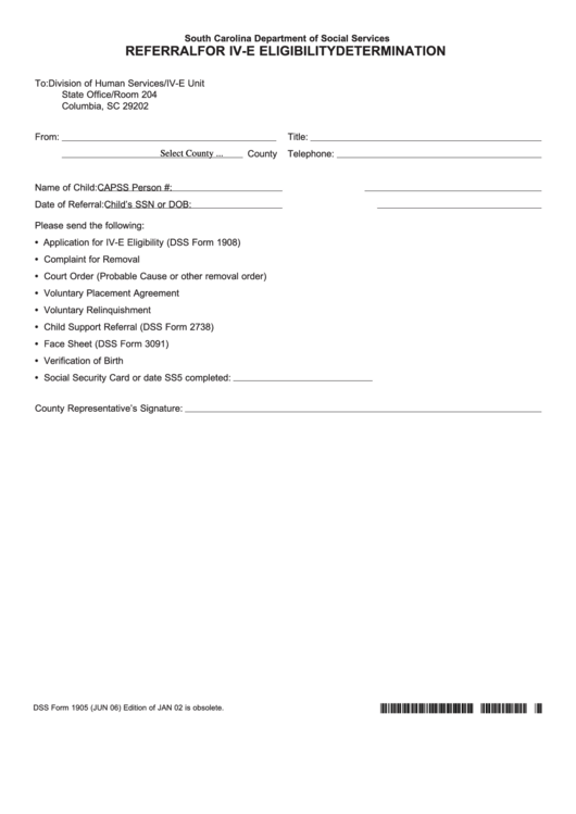 Fillable Dss Form 1905 - Referral For Iv-E Eligibility Determination - South Carolina Department Of Social Services Printable pdf