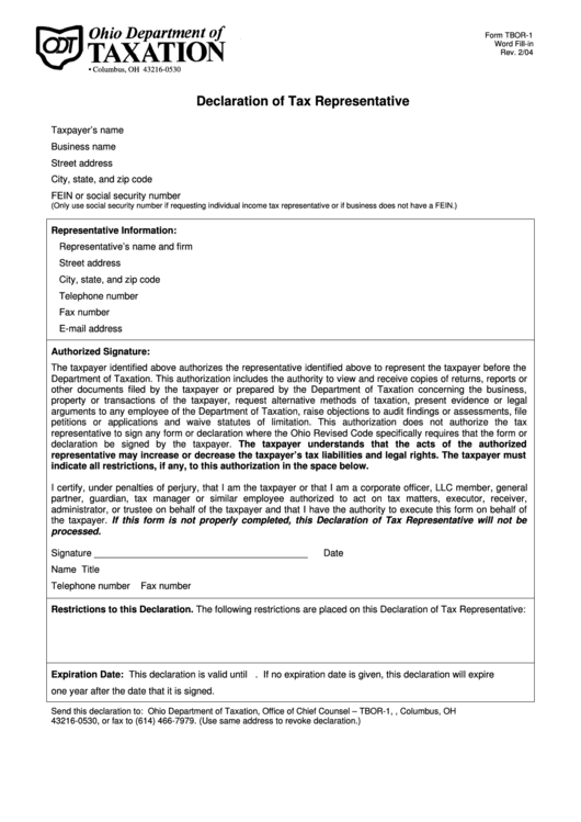 Form Tbor-1 - Declaration Of Tax Representative Printable pdf