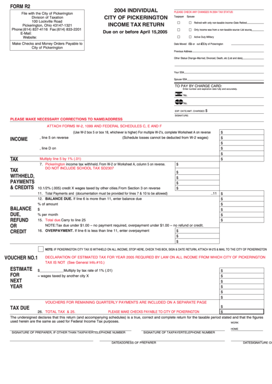 Form R2 - 2004 Individual City Of Pickerington Income Tax Return Printable pdf