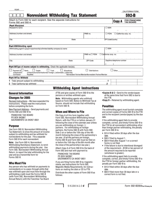 Form 592-B - Nonresident Withholding Tax Statement - 2004 Printable pdf