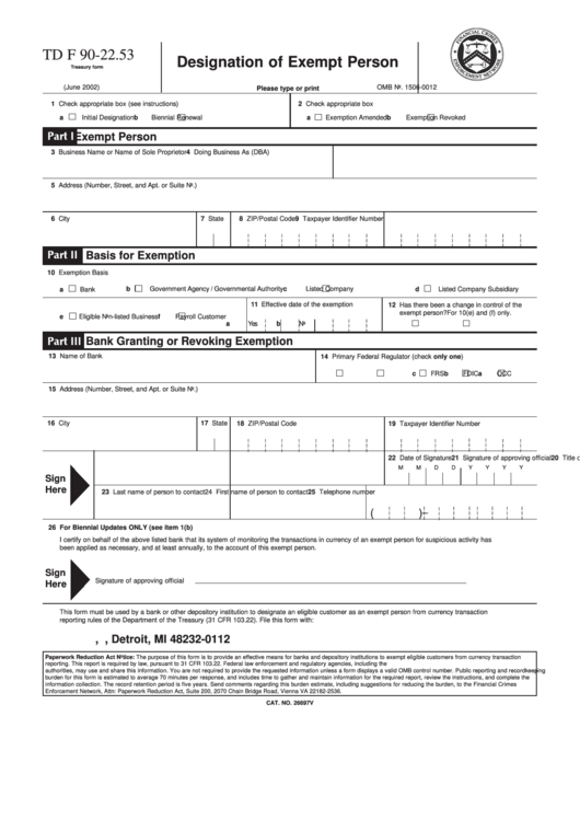 Fillable Form Td F 90-22.53 - Designation Of Exempt Person Printable pdf