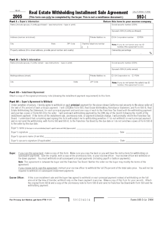 Form 593-I - Real Estate Withholding Installment Sale Agreement - 2005 Printable pdf