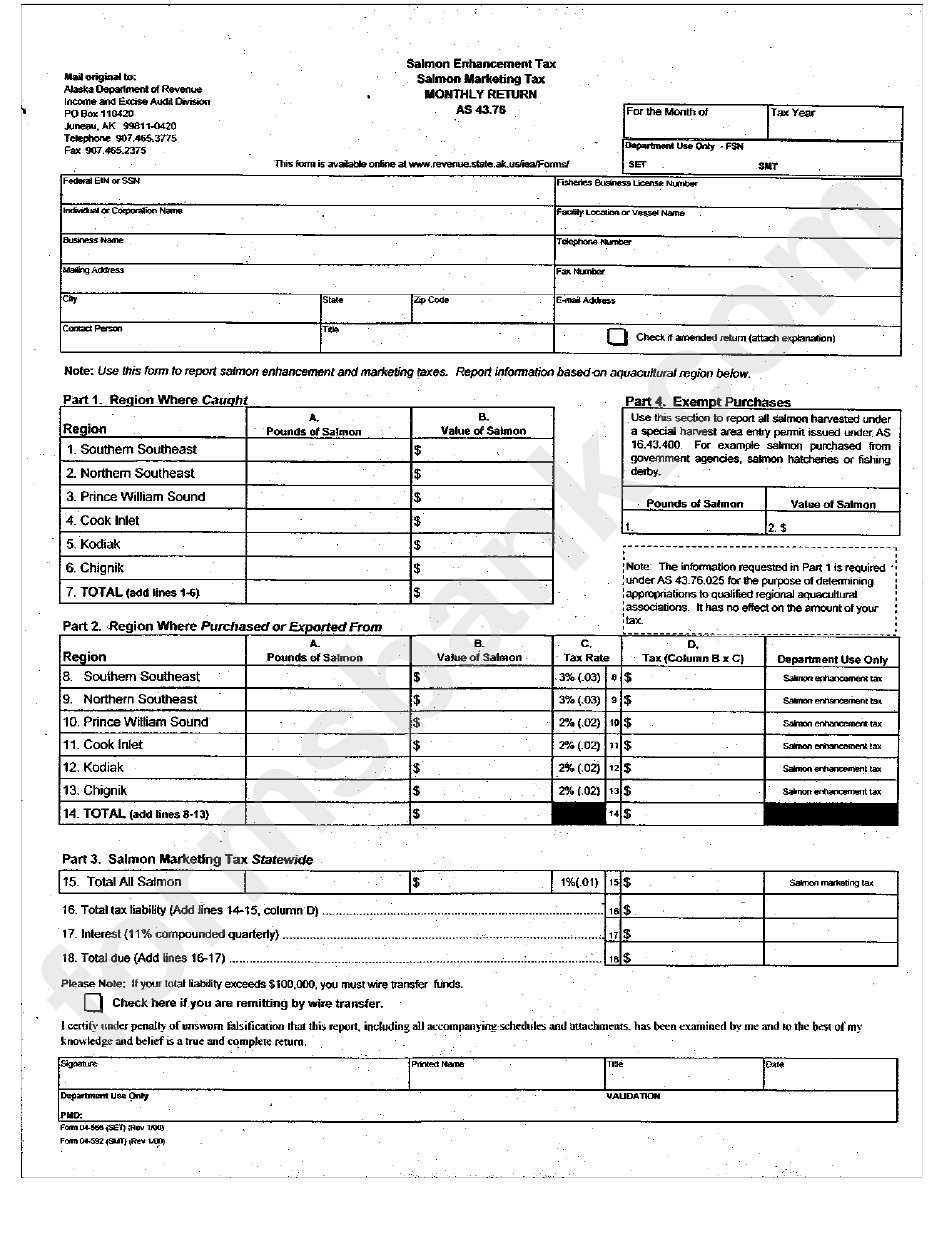 Form 04-566 - Salmon Enhancement Tax, Form 04-592 - Salon Marketing Tax - Monthly Return