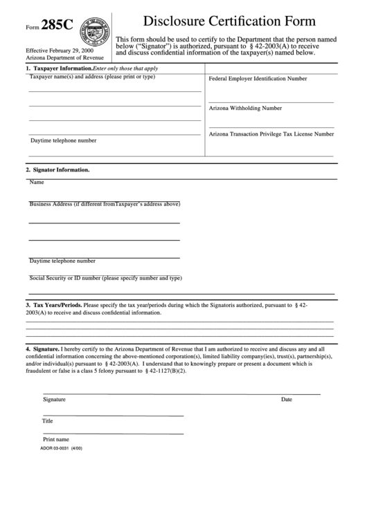 Form 285c - Disclosure Certification Form - Arizona Department Of Revenue Printable pdf