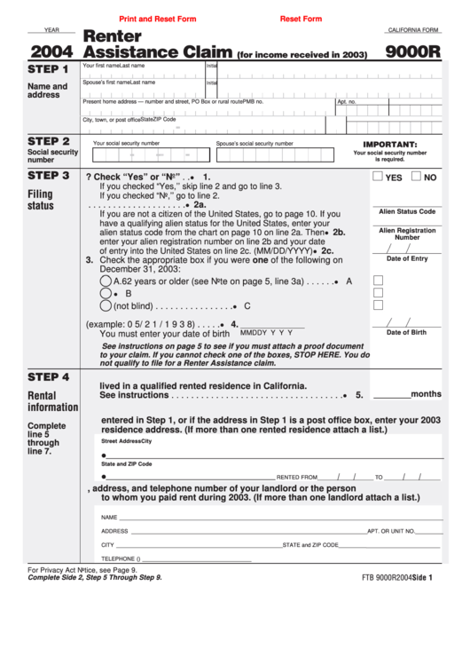 Fillable California Form 9000r - Renter Assistance Claim - 2004 Printable pdf