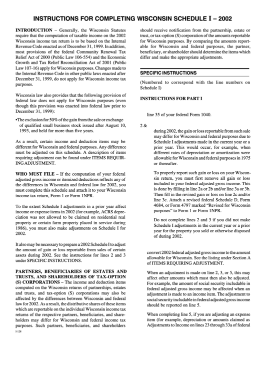 Instructions For Completing Wisconsin Schedule I 2002 printable pdf download